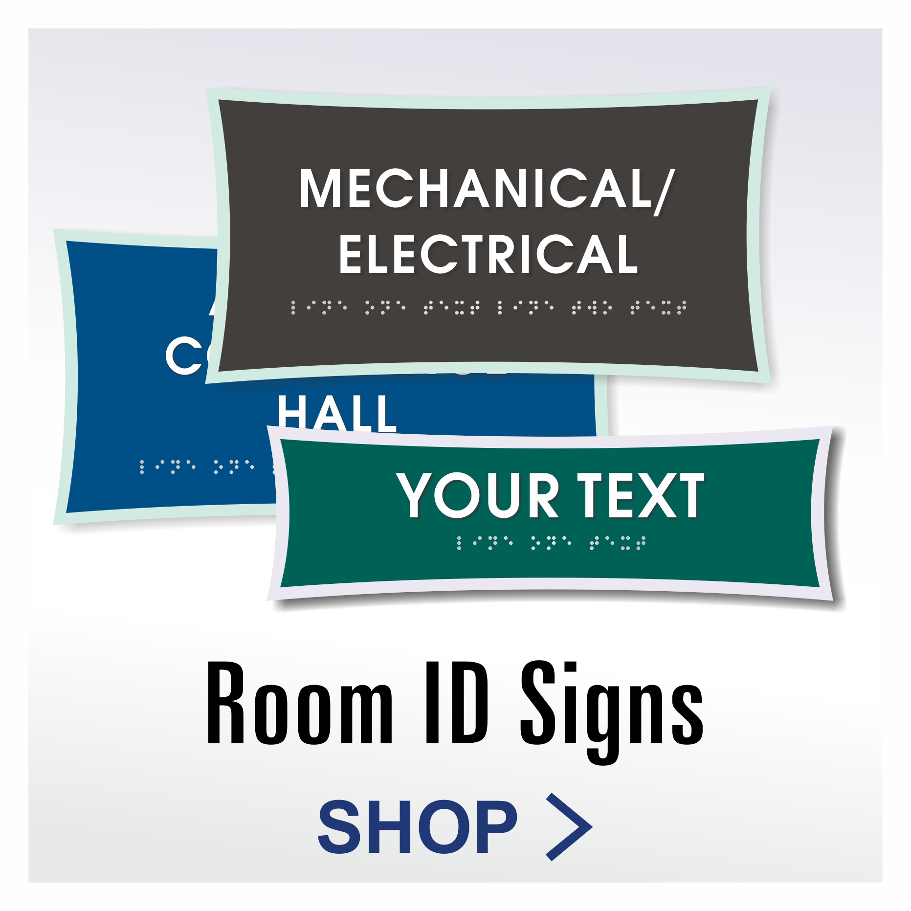 Urban ADA room identification signs with floating architectural styling